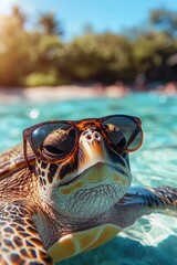 Wall Mural - Turtle swimming with sunglasses