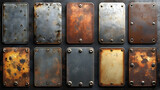 A collection of metallic plates with various textures and colors, showcasing wear and rust.