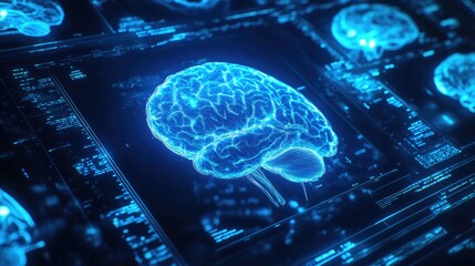 A glowing blue digital brain on a screen with code in the background.