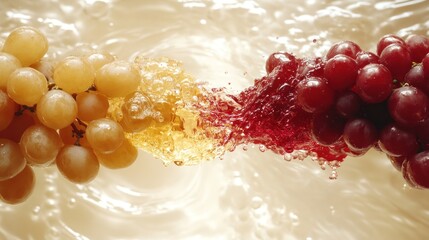 Juicy grapes blend together, creating a colorful eruption of juice in sunlight