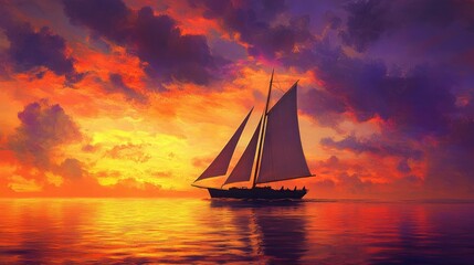 A large sailboat sails across calm waters at sunset, the sky a mixture of warm oranges, purples, and reds, with the boat silhouetted against the light.