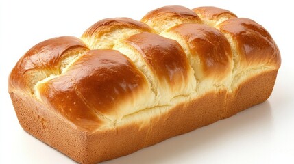 A loaf of sweet brioche bread with a soft, buttery texture, isolated on a clean white background