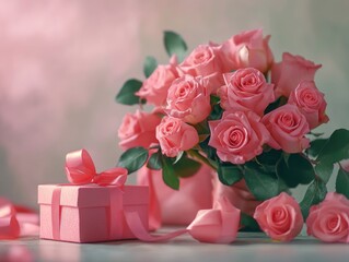 Wall Mural - Pink Roses and Gift Box