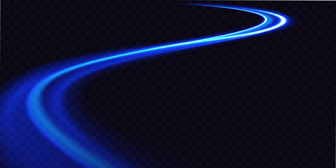 Wall Mural - Blue wind waves effect. Abstract light motion trails with sparkles isolated on black background. Light blue Twirl. Curve light effect of blue line. Luminous blue circle.