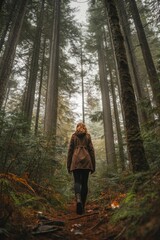 Wall Mural - Woman walks through foggy forest