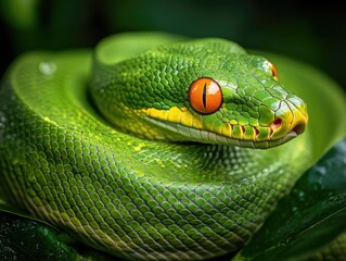 Wall Mural - Green snake on leaf