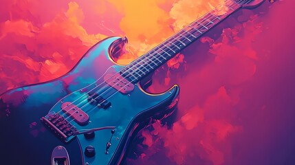 a blue electric guitar with a pink background