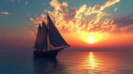 Wall Mural - A majestic sailboat at dusk, its sails catching the soft evening breeze as the orange sun sinks into the horizon behind it.