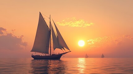 Wall Mural - A majestic sailboat at dusk, its sails catching the soft evening breeze as the orange sun sinks into the horizon behind it.