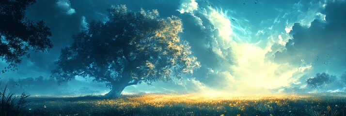 Wall Mural - A tree is in the foreground of a field with a blue sky in the background. The sky is filled with clouds, and the sun is shining through them