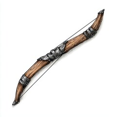 A centaurs bow, fantasy weapon, realistic illustration, wood and silver, isolated on white background