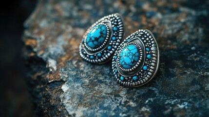 Wall Mural - A pair of vintage silver earrings adorned with turquoise, placed on a rustic stone slab, with natural lighting highlighting the intricate craftsmanship