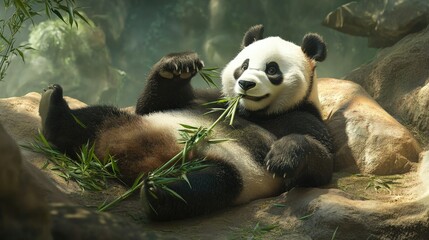 A panda laying down in the zoo, lazily eating bamboo with one paw while reclining. The relaxed panda enjoys its simple life in a tranquil zoo setting