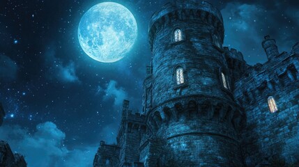 Stone Tower Stands Tall Under a Full Moon and Starry Sky