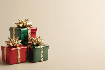Wall Mural - red and green christmas presents with golden ribbons are waiting to be opened