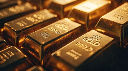 A perfectly stacked set of gold bars, neatly arranged and shining brightly. Each bar is engraved with details of weight and purity, symbolizing luxury and wealth