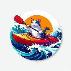 Sticker - funny cat swims with a canoe summer hand drawn illustration