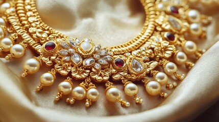 Close-up of a gold necklace with intricate detailing and gemstone embellishments, carefully placed on a satin background, highlighting its elegance