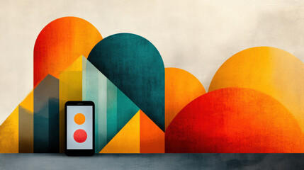 Poster - A cell phone sitting on a table next to colorful shapes, AI