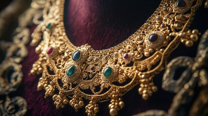 Wall Mural - Close-up of a gold necklace with intricate designs and gemstones, artistically displayed on a velvet cushion, evoking timeless luxury