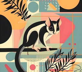 Modern style poster with sugar glider , The animal is set against a background of abstract forms and pastel colors