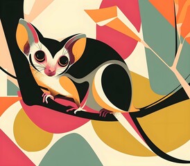 Modern style poster with sugar glider , The animal is set against a background of abstract forms and pastel colors