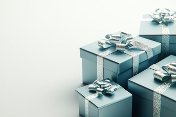 Wall Mural - Four elegant silver gift boxes adorned with sparkling silver bows, evoking a sense of anticipation and festive cheer