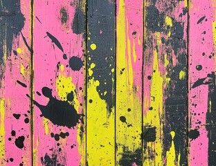 A close-up shot of a wooden surface painted in pink, yellow, and black with paint splatters.