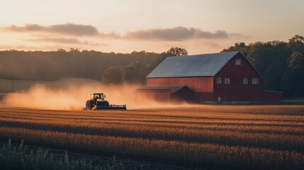 Poster - Tractor Working in Field at Sunset