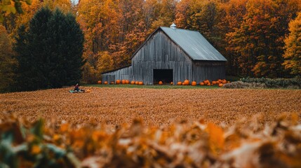 Wall Mural - Autumn Barn with Pumpkins