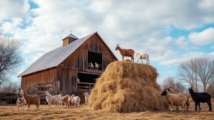 Canvas Print - Rural Barn with Goats and Hay Bales