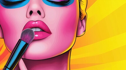 Wall Mural - A woman with bright pink lipstick and blue eyes is applying makeup, AI