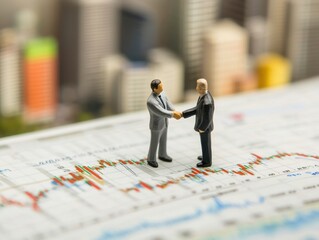 Two miniature business people shaking hands on top of a stock market graph Generative AI