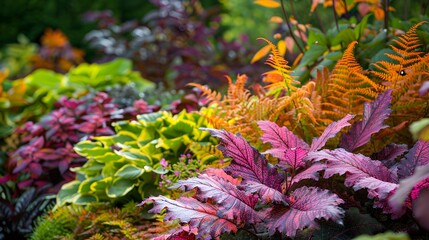 A colorful garden with a variety of plants including purple flowers