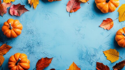 pumpkins on blue background with leaves
