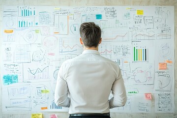 Sticker - a man standing in front of a white board covered in diagrams