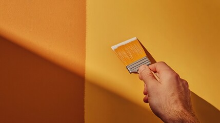 Wall Mural - A person holding a paintbrush against an orange wall, AI