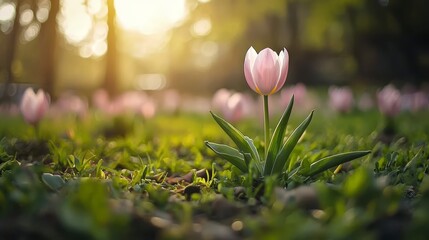  A solitary pink tulip blooms in a verdant field, framed by sunlight filtering through the trees behind