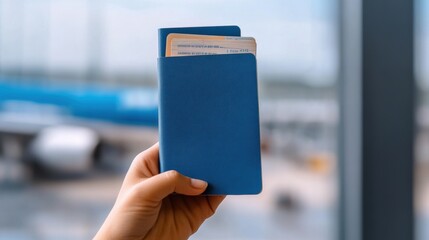 Canvas Print - A person holding a blue passport in front of an airplane, AI