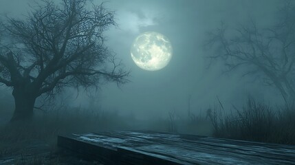 spooky halloween scene with a glowing full moon in a foggy sky, casting shadows on twisted, leafless