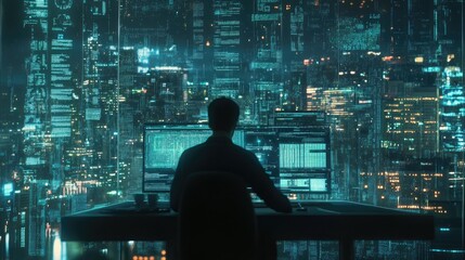 A lone hacker sits at a computer in a dark room, overlooking a cityscape. The screen displays lines of code and data, highlighting the digital world he inhabits.