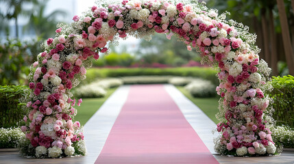 A floral archway leading to a pink carpet, designed for a wedding or special event.