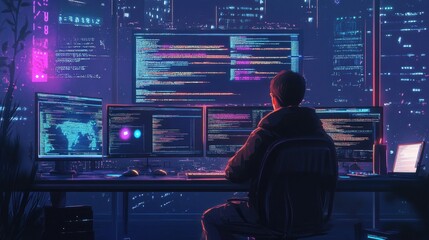 A programmer sits at a desk in front of multiple monitors, coding in a futuristic cityscape at night.