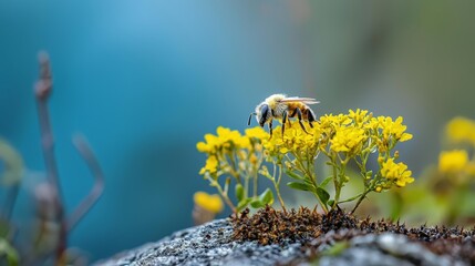  A bee atop a yellow bloom near a blue water expanse in a sea of yellow flowers