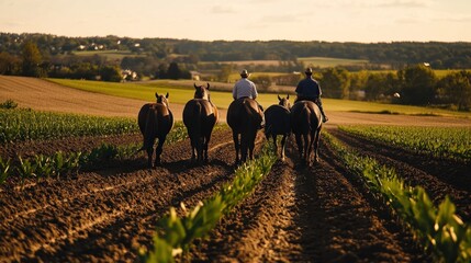 Canvas Print - Horses and Riders in a Countryside Setting