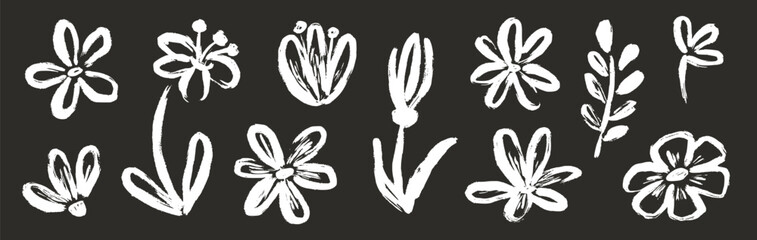 Wall Mural - Flower abstract hand drawn brush chalk stroke. Sketch hand drawn silhouette floral plant, nature graphic leaf, floral grunge abstract brush. Vector simple flower on chalkboard. Vector illustration