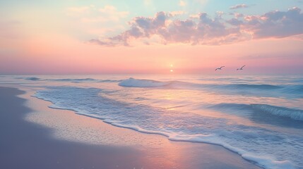 Soft, pastel pink and blue sunrise over a tranquil ocean with gentle waves lapping on a sandy beach.