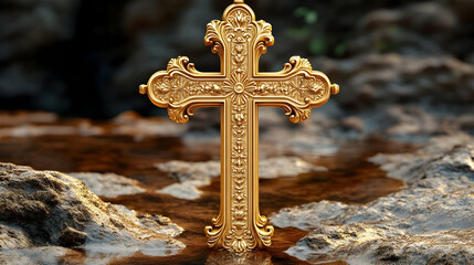 A golden ornate cross stands in shallow water, symbolizing faith and spirituality.