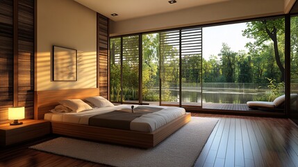 Wall Mural - Modern Bedroom with Large Windows and View of Lake