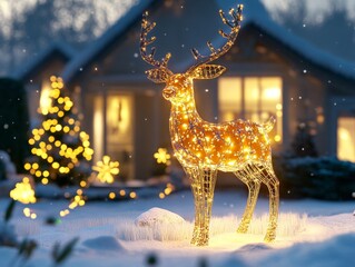 Poster - Illuminated Reindeer Decoration in a Snowy Yard